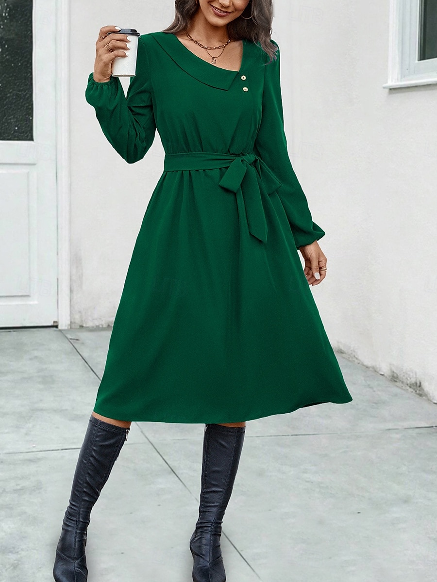 Elegantes Midikleid für Damen in Dunkelgrün, lange Ärmel, mit Gürtel, V-Ausschnitt, Knopfdetail, lässige A-Linie, fließend, vielseitig einsetzbar, Herbst/Frühlings-Kleidung 2025 - $39.99 –P6