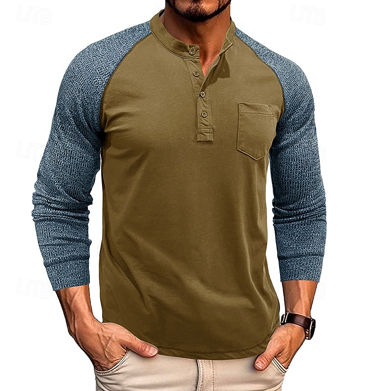 Herren T-Shirt mit Knöpfen T Shirt Henley Hemd T-Shirt Langarm Henley Frühling & Herbst Farbblock Mode Designer Basic Patchwork Urlaub Straße Ausgehen Königliches Blau Blau Armeegrün Top T-Shirt für 2025 - $32.99 –P13