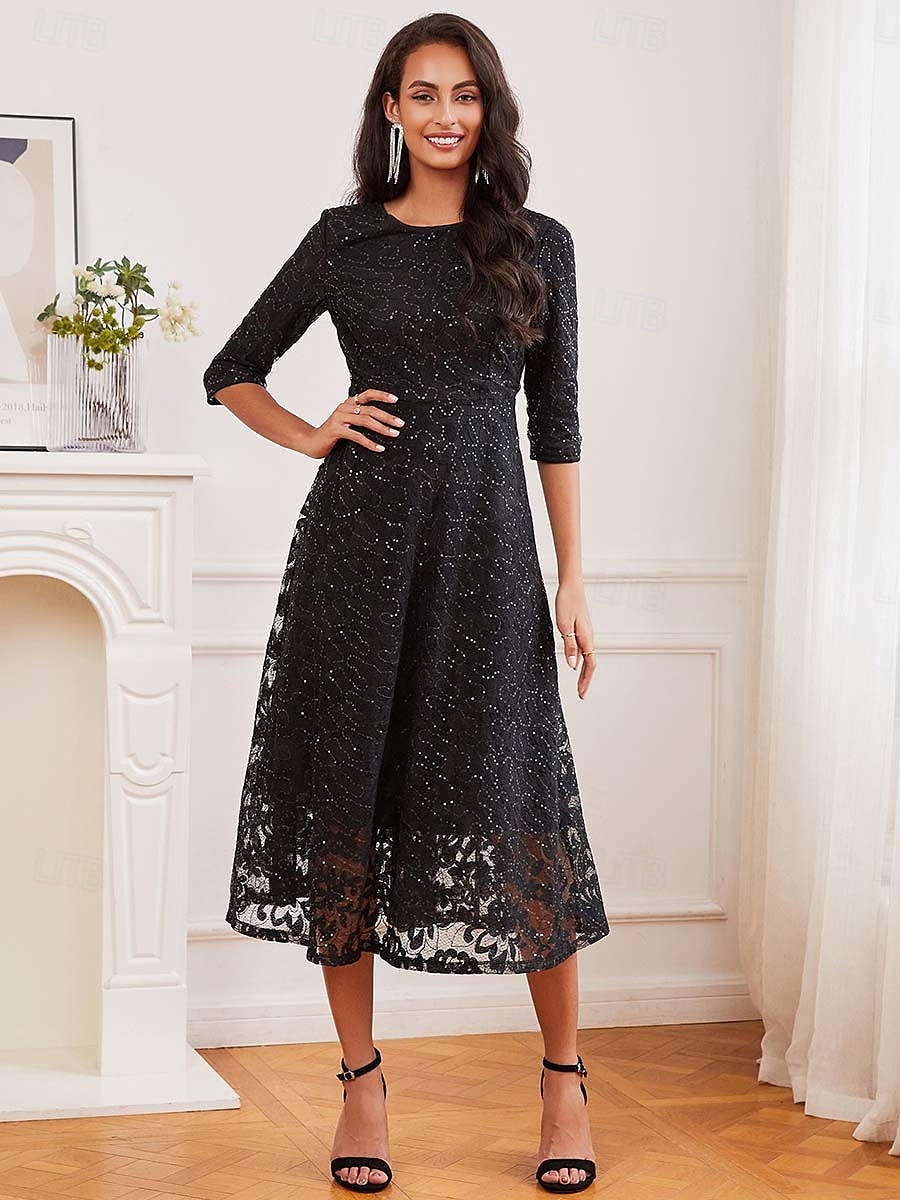 robe noire Robe unie Femme Robe mi-longue Maille Plein Air Rendez-vous Décontractées Col Ras du Cou Manches 3/4 Ample Noir S M L XL 2XL de 2025 ? $21.59 –P6