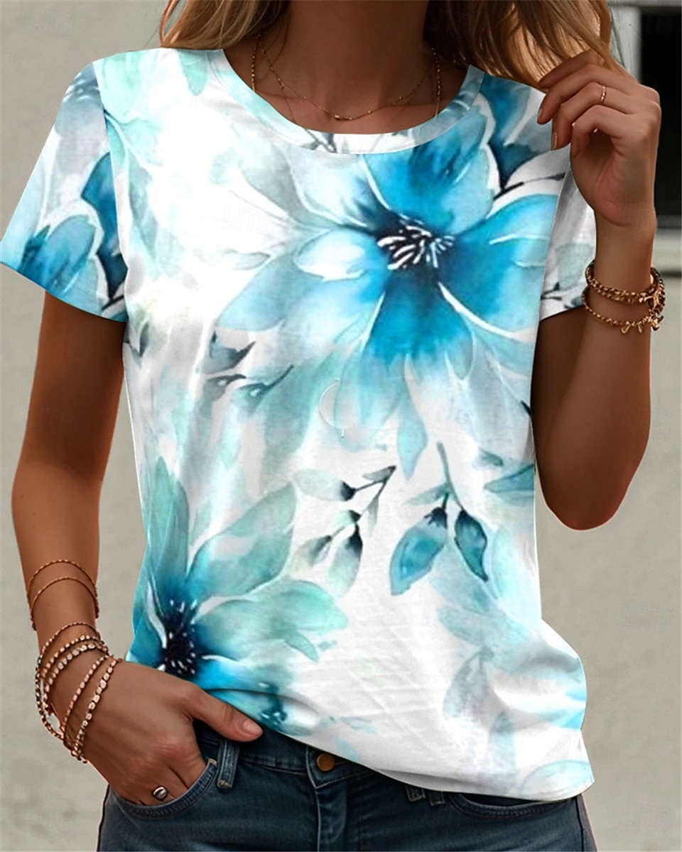 t-shirt femme décontracté imprimé manches courtes hauts réguliers quotidien bleu été de 2025 ? $19.99 –P3