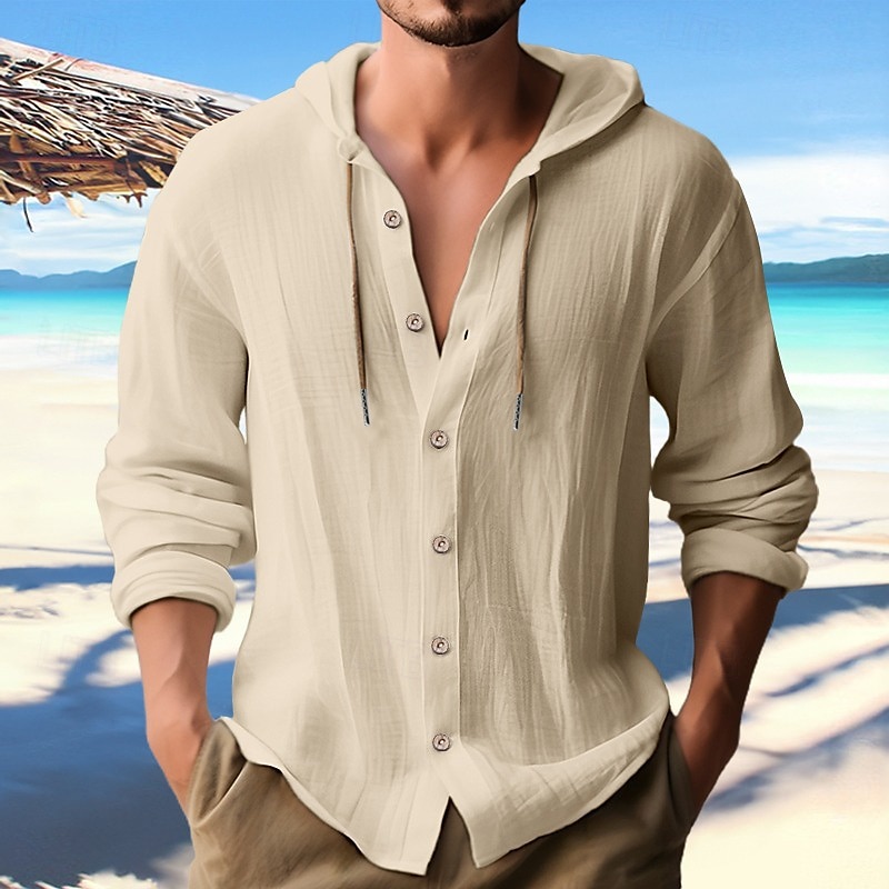 Men's Shirt Linen Shirt Calico Shirt Beach Wear Button Up Shirt Hooded Shirt Plain Casual Daily Black White Blue Green Long Sleeve Hooded Spring & Summer Clothing Apparel Buttons 2025 - $31.99 –P8