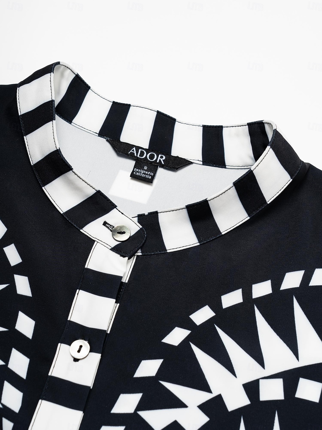 camicetta da donna nera collo alto raso stampa geometrica polsini svasati manica vacanza casual quotidiano primavera estate autunno del 2025 a $61.99 –P10