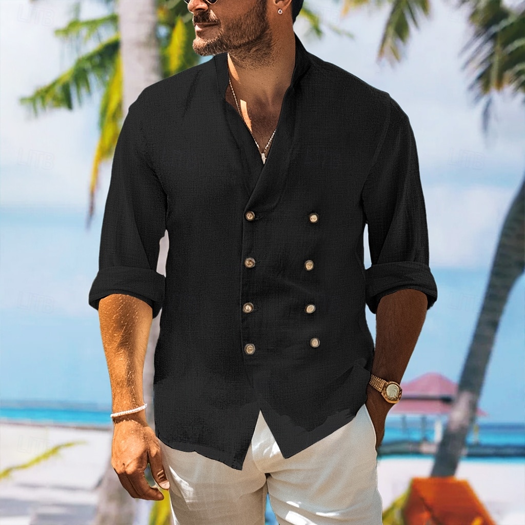Hombre Camisa camisa de lino Camisa con cuello mao Camisa de verano Ropa de playa Abotonar la camisa Plano Vacaciones Maldición Negro Blanco Azul Piscina Manga Larga Cuello alto Primavera verano Ropa 2025 - $26.99 –P4