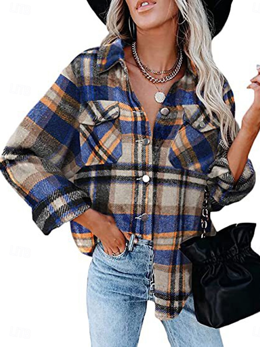 Damen Bluse Plaid Brautkleider schlicht Langarm V Ausschnitt Täglich Rosa Blau Grau Frühling Herbst 2025 - $39.99 –P1