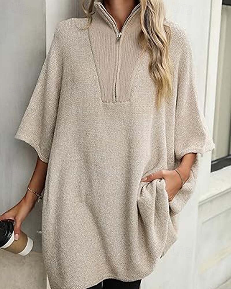 Damen Pullover Brautkleider schlicht Feste Farbe Troyer Halber Reißverschluss Zip Halbe Ärmel Lange Oberteile Stricken Täglich Schwarz Beige Herbst Winter 2025 - $61.99 –P4