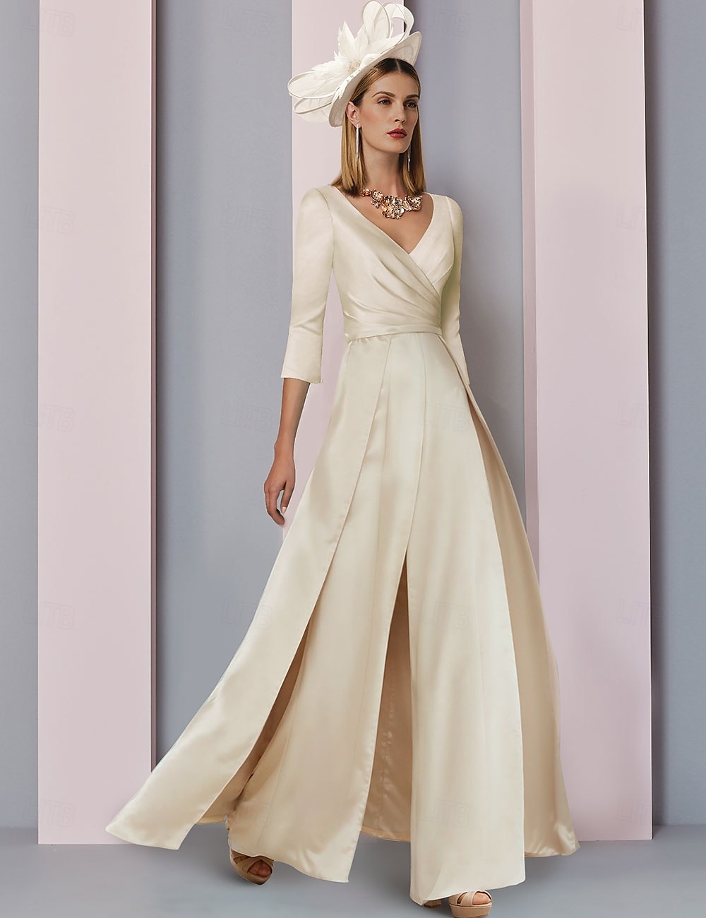 A-Line Mother of the Bride  Elegant Simple V Neck Floor Length Stretch Satin 3/4 Length Sleeve with Ruched 2025 free custom size 2025 - $157.99 –P1
