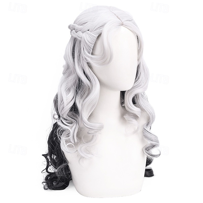 Hitzebeständige 26 Zoll lange, lockige Cosplay-Perücke mit Mittelscheitel, Anime-Thema, krauses Kunsthaar, Rosennetz-Kappe, Halloween- und Festival-Party-Kostüm-Zubehör – Schwarz-Weiß-Mix 2026 - $17.49 –P4
