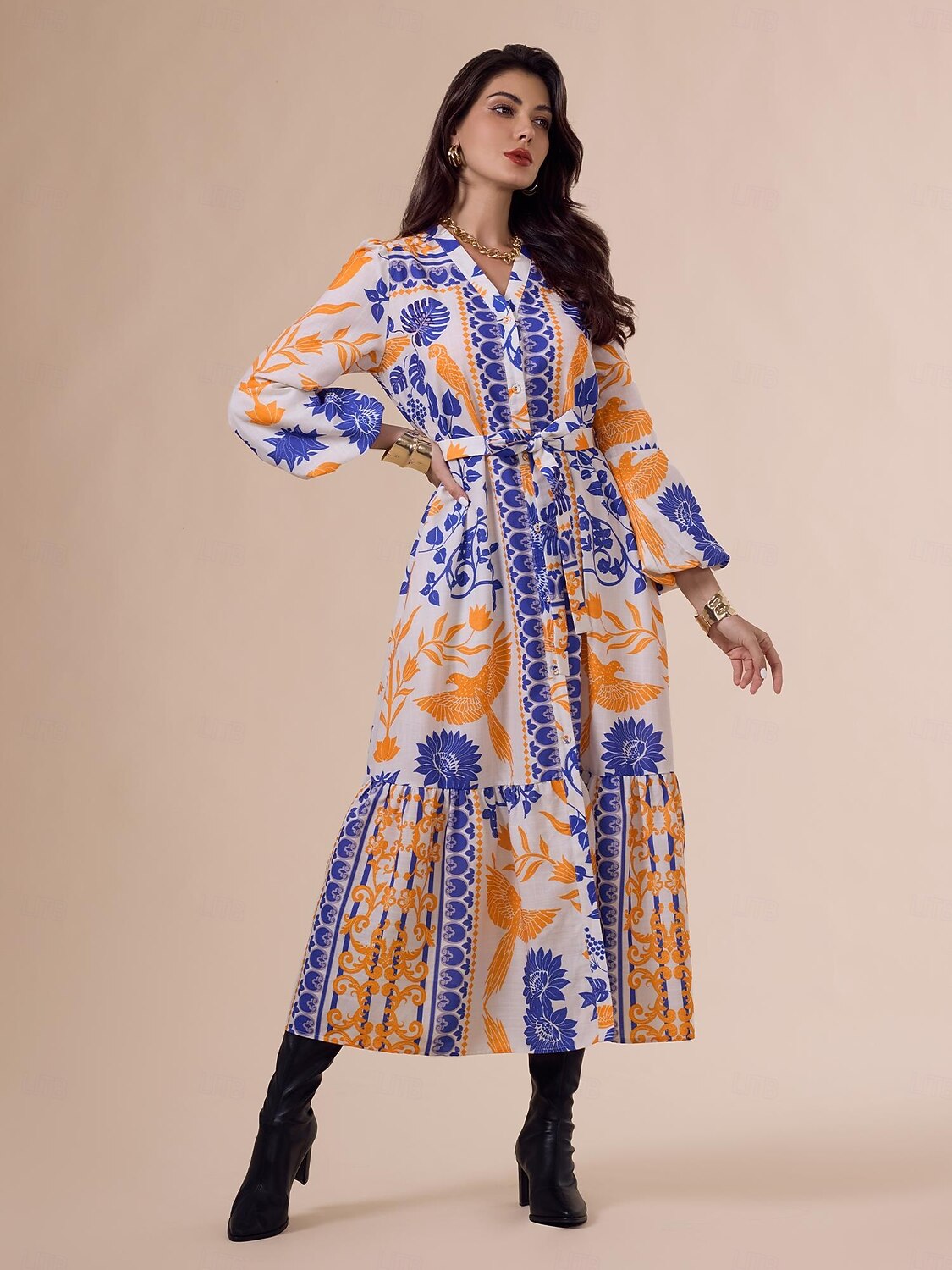 Vestido largo bohemio con escote en V, mangas farol y cinturón botánico 2025 - $114.99 –P6