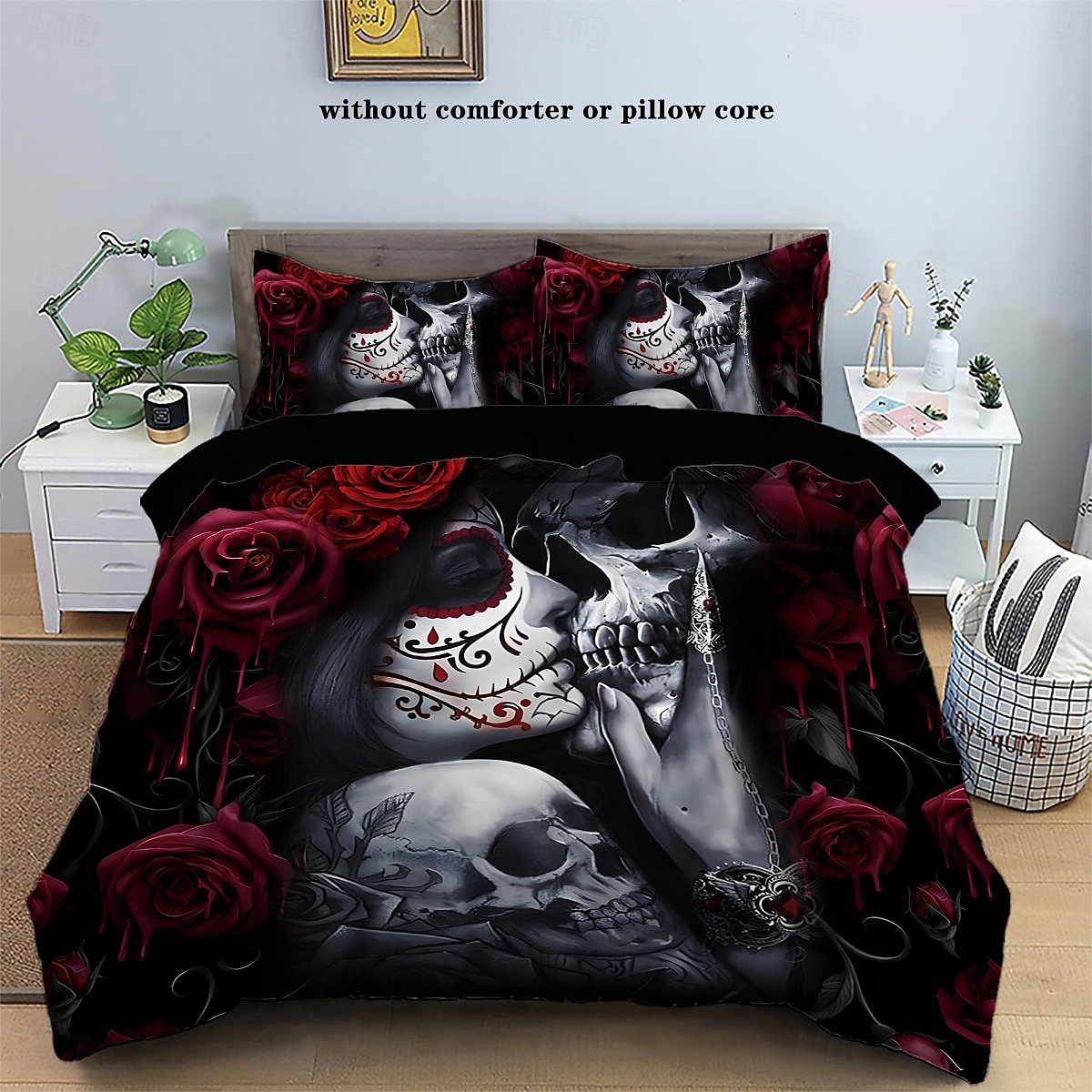 Copripiumino con stampa floreale a forma di teschio gotico, set da letto da 3 pezzi - design unico e artistico - include copripiumino e federe - tessuto morbido e resistente - perfetto per aggiungere del 2025 a $68.99 –P10