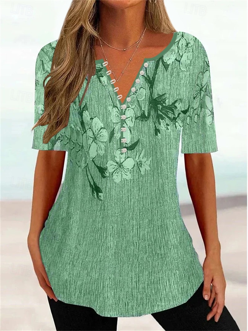Women's T Shirt Henley Shirt Floral Vintage Tunic Short Sleeve V Neck Regular Tops Casual Daily Print Red Green Gray 2025 - $25.99 –P2
