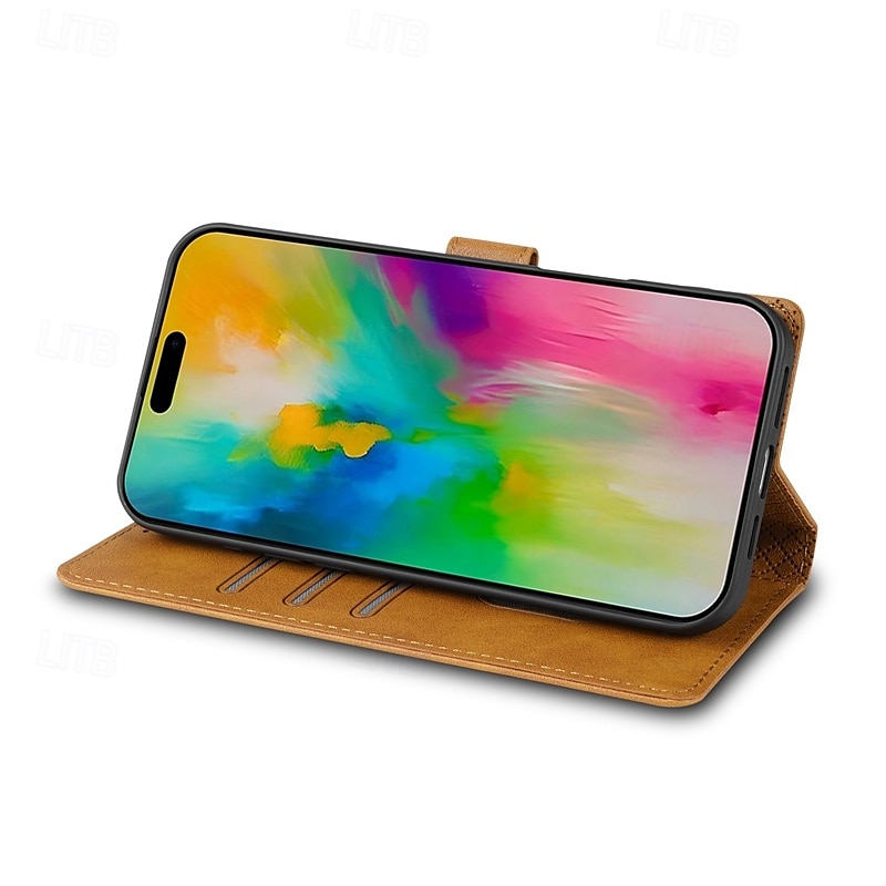 2025年 電話 ケース 用途 iPhone 16 Pro Max プラス iPhone 15 14 Pro Max Plus iPhone 13 12 11 Pro Max Mini ウォレットカードケース スタンド付き 磁石バックル カード挿入口 レトロ風 TPU PUレザー  コレクション – €14.12 –P12
