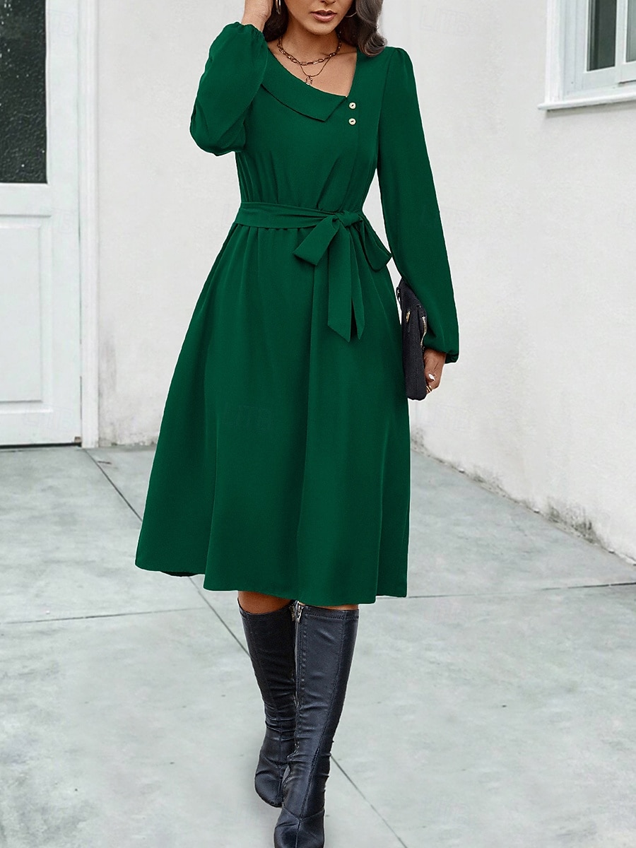 Elegantes Midikleid für Damen in Dunkelgrün, lange Ärmel, mit Gürtel, V-Ausschnitt, Knopfdetail, lässige A-Linie, fließend, vielseitig einsetzbar, Herbst/Frühlings-Kleidung 2025 - $39.99 –P8