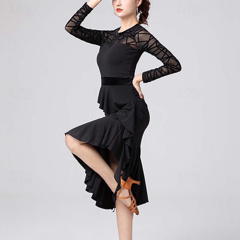 Danse latine Robe Volants Couleur Pure Fantaisie Femme Utilisation Entraînement manche longue Taille haute Polyester de 2026 ? $68.99 –P3