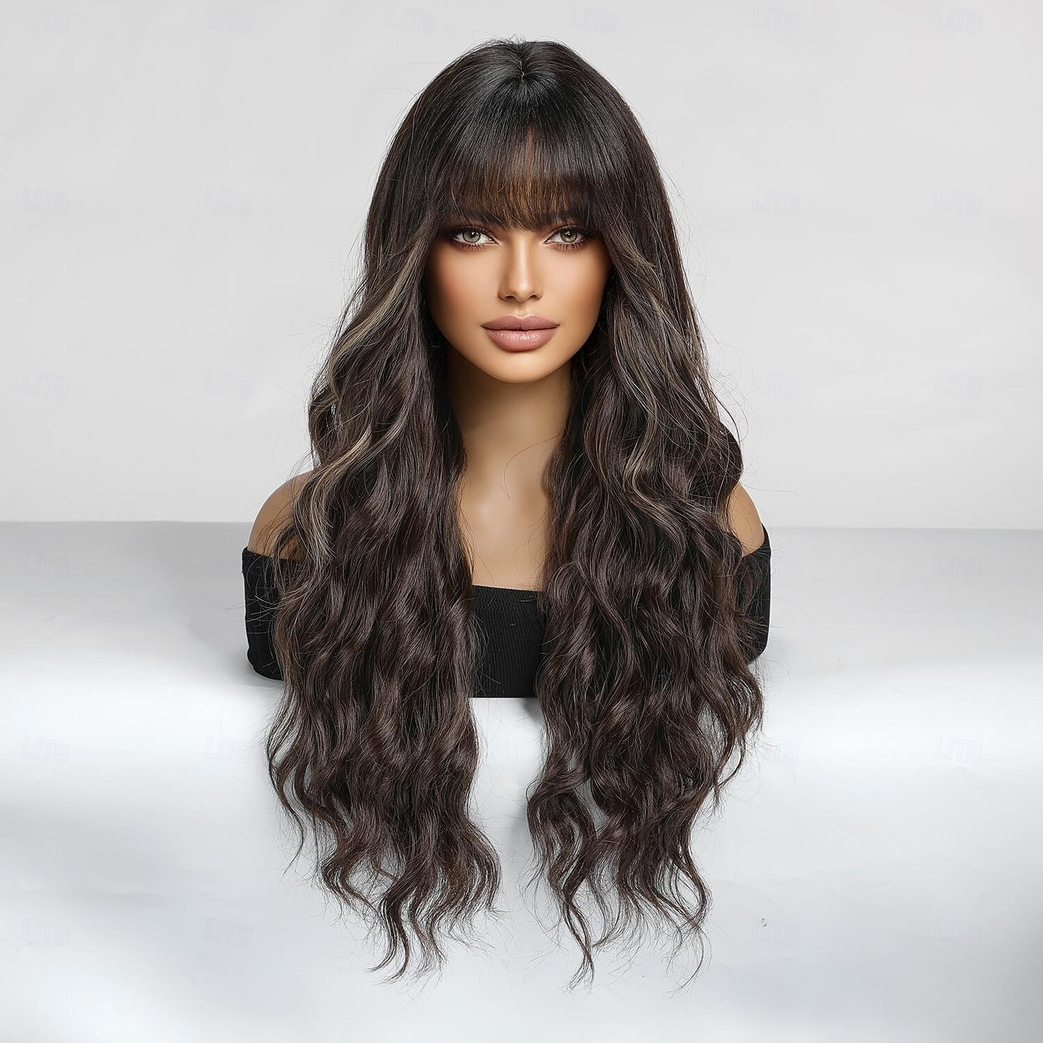 Perruque Synthétique Bouclé Ondulé Coupe Droite Avec Frange Perruque 26 pouces Brun foncé Cheveux Synthétiques Femme Cheveux Colorés Confortable Avec des franges Marron clair de 2025 ? $27.99 –P2