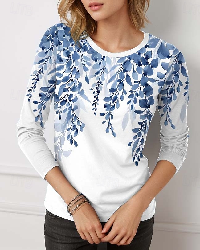 Kobiec T-shirt tunika moda casual nadruk długi rękaw regularne topy dekolt zaokrąglony codzienny czarny biały niebieski fioletowy zielony wiosna jesień 2025 - $22.99 –P1