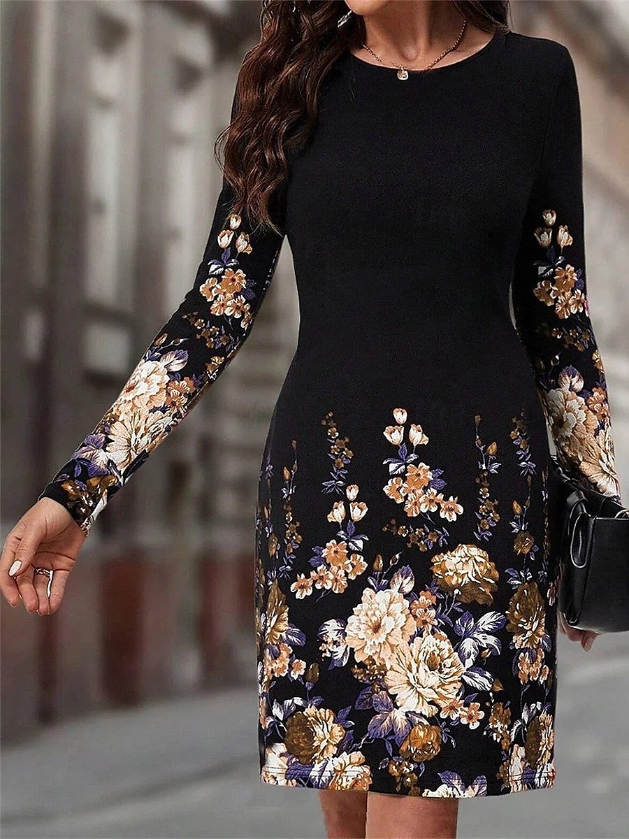 Damen Maxidress Sweatshirt-Kleid Winter Kleid Corsagenkleider Etuikleid Elegant Stilvoll Urlaub Party Strasse Regular Fit Blumen Langarm Rundhalsausschnitt Rosa Blau Orange Sommer Herbst Winter 2025 - $25.99 –P5