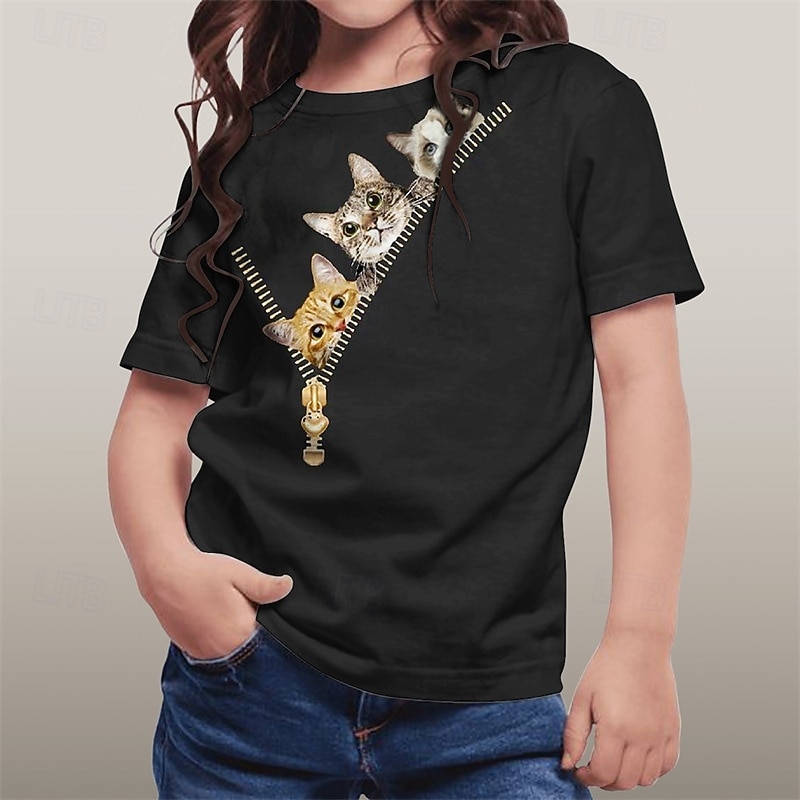 Dla dziewczynek 3D Graficzny Zwierzę Kot T-shirt Krótki rękaw Lato Wiosna Moda Podstawowy Dzieci 4-12 lat Półgolf Na zewnątrz Codzienny Regularny 2025 - $11.99 –P2
