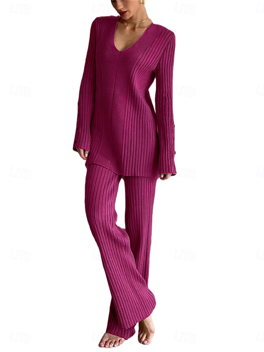 pyjamasset för kvinnor ren färg mode grundläggande komfort hem daglig säng stickad andas v wire långärmad tröja byxknapp resår midja höst vinter hem outfits 2025 - $52.99 –P3