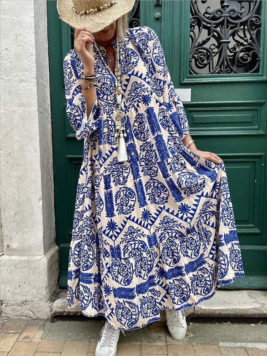 Dámské Maxi šaty Boho šaty Elegantní stylové Dovolená Denní Běžný Grafika Dlouhý rukáv Košilový límec Rubínově červená Vodní modrá Trávová zelená Léto Jaro Podzim 2025 - $30.99 –P1