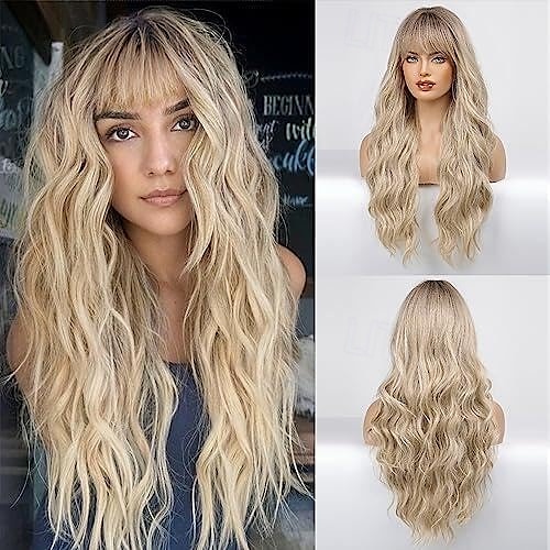 perruque longue perruque bouclée avec frange aspect naturel perruque synthétique résistante à la chaleur adaptée aux femmes à la mode de 2025 ? $28.99 –P1