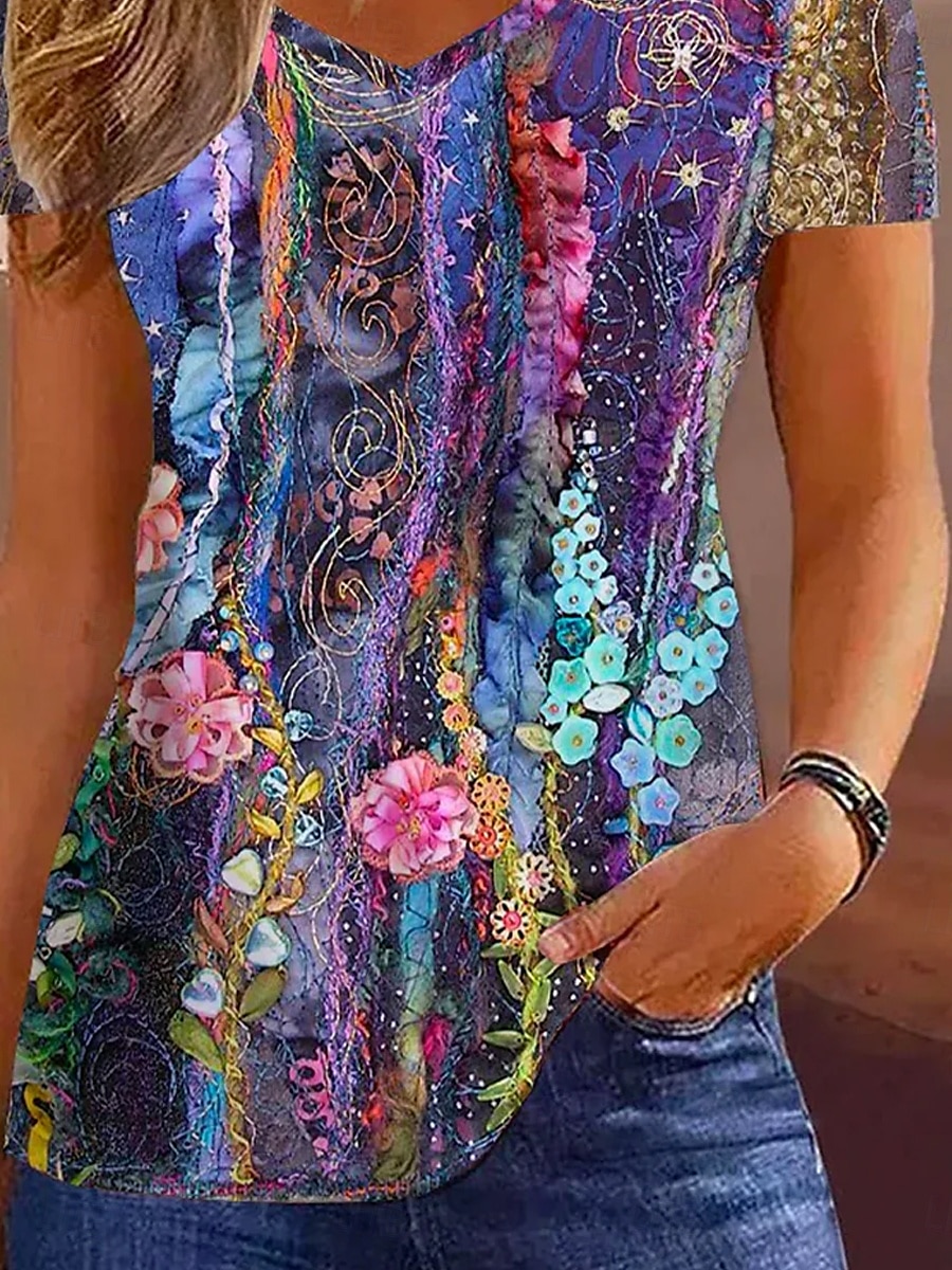 Dames Tuniek T-shirt Mode Casual Print Korte Mouw Regular Tops V-hals Dagelijks Paars Lente Herfst 2025 - $19.99 –P3