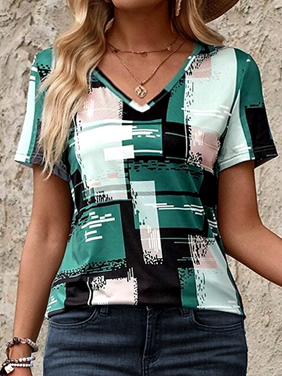 Damen T-Shirt stilvoll lässig geometrischer Patchwork-Druck Kurzarm normale Oberteile V-Ausschnitt täglich grün Sommer 2025 - $19.99 –P3