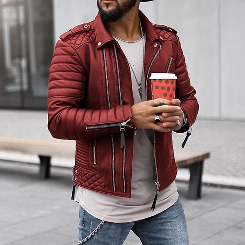 Miesten Nahkatakit Biker takki Vintage nahkatakki Moottoripyörä takki Päivittäin Loma Tuulenkestävä Pidä lämpimänä Tasku Syystalvi Tavallinen Muoti Klassinen Stand-kaula-aukko Normaali Musta Punainen 2025 - $85.99 –P1