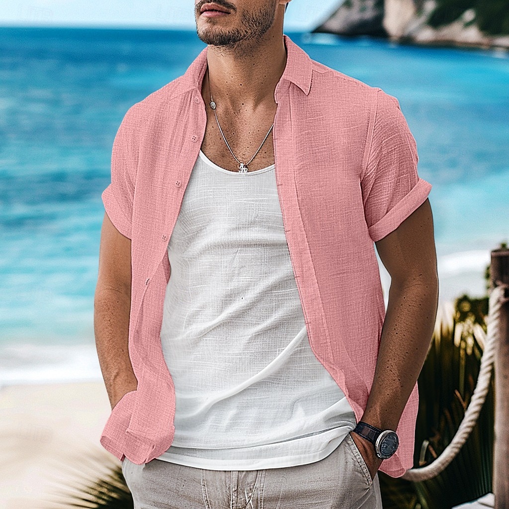Men's Shirt Linen Shirt Summer Shirt Casual Shirt Beach Shirt Button Down Shirt Plain Vacation Curise Black White Light Green Pink Short Sleeve Lapel Summer Clothing Apparel 2025 - $21.99 –P6