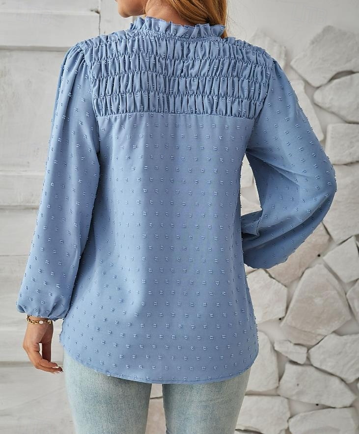 naisten pusero tyylikäs vintage tyylikäs pilkku rypytetty pitkähihainen v kaula työ päivittäin musta valkoinen sininen khaki kevät syksy talvi 2025 - $32.99 –P3