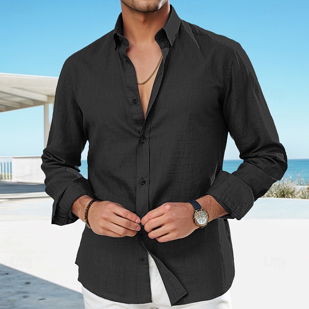 Pánské Lněná košile Letní košile Oblečení na pláž Košile pro volný čas Košile na knoflíky Bez vzoru Ležérní Denní Černá Bílá Královská modř Khaki Dlouhý rukáv Klopa Jaro léto Oblečení 2026 - $26.99 –P10