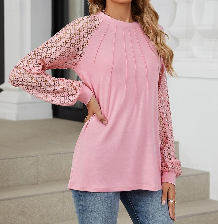 Women's White Elegant Lace Tops Eyelet Blouse Fashion Casual Lace Mesh Long Sleeve Regular Tops Crew Neck Daily Romantic Petite Tops Summer Holiday Wear Black White Pink Blue Summer Spring Fall 2025 - $32.99 –P4