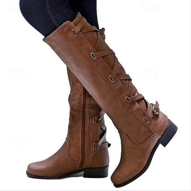 Botas de moto negras para mujer con cordones laterales y detalle de hebilla: elegantes botas de montar hasta la rodilla 2025 - $54.99 –P1