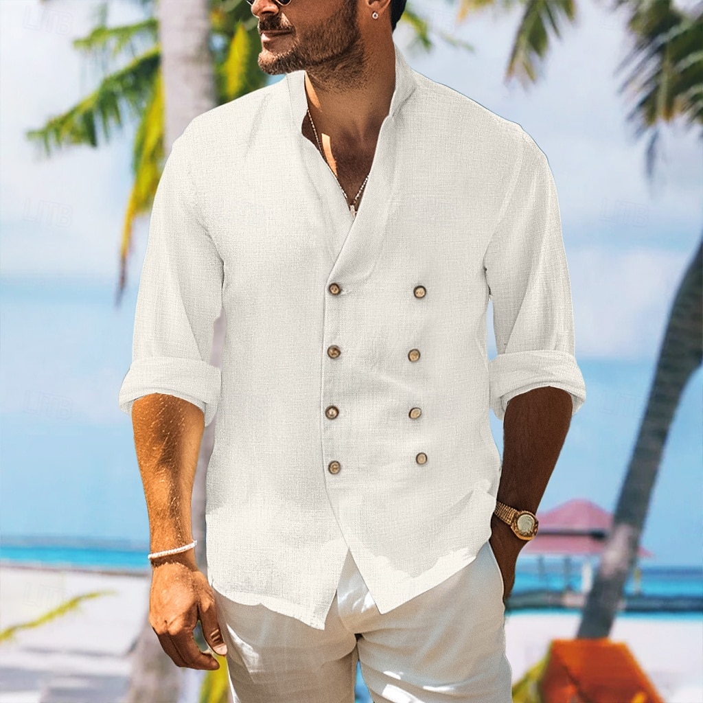 Hombre Camisa camisa de lino Camisa con cuello mao Camisa de verano Ropa de playa Abotonar la camisa Plano Vacaciones Maldición Negro Blanco Azul Piscina Manga Larga Cuello alto Primavera verano Ropa 2025 - $26.99 –P6