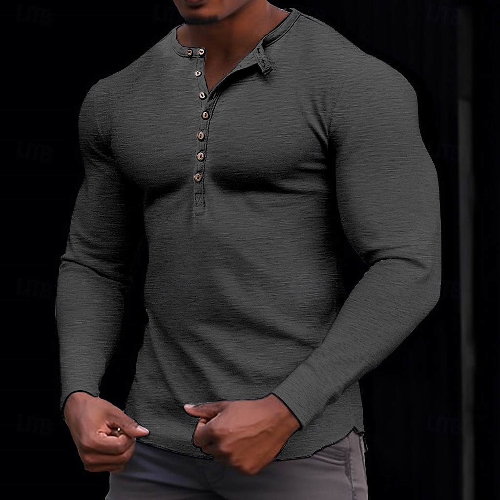 100% bawełniana męska koszulka henley koszulka z długim rękawem koszula z długim rękawem jednolity kolor modny codzienny guziki henley outdoor casual lato ciemnobrązowy wojskowa zieleń ciemnoszary henley t-shirt 2025 - $22.99 –P9