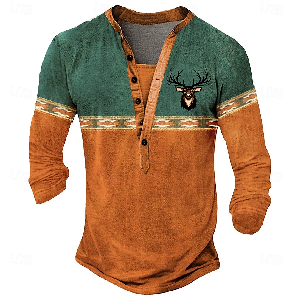 Męskie Oktoberfest Jeleń Koszula Henley Długi rękaw drukowanie 3d Sport Moda Codzienny Ulica Codzienny Zima Wiosna i jesień Niebieski Brązowy Zielony Henley Koszulka Henley 2025 - $22.99 –P3