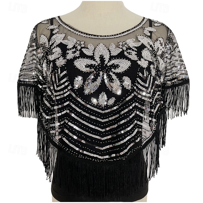Vintage-Glamour-Schal – atmungsaktiv, mit Pailletten verziert, mit Quasten besetzt, eleganter Flapper-Stil mit passendem Mantel für Damen-Abendgarderobe – dünn, kurz, Kittel-Design, perfekt für 2025 - $28.99 –P3