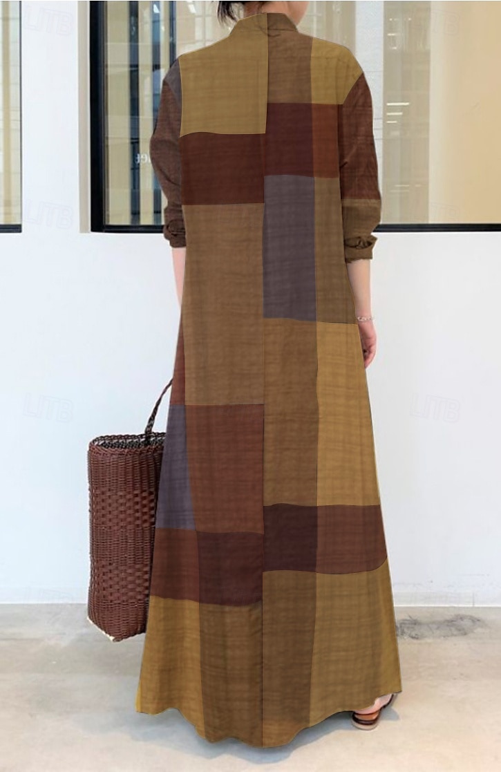 Damskie Sukienka midi Sukienka z nadrukiem Kratka Podstawowy Biuro Codzienny Weekend Nadruk Długi rękaw Kołnierzyk koszuli Sukienka Luźna Brązowy Wiosna Jesień S M L XL XXL 2025 - $46.99 –P2