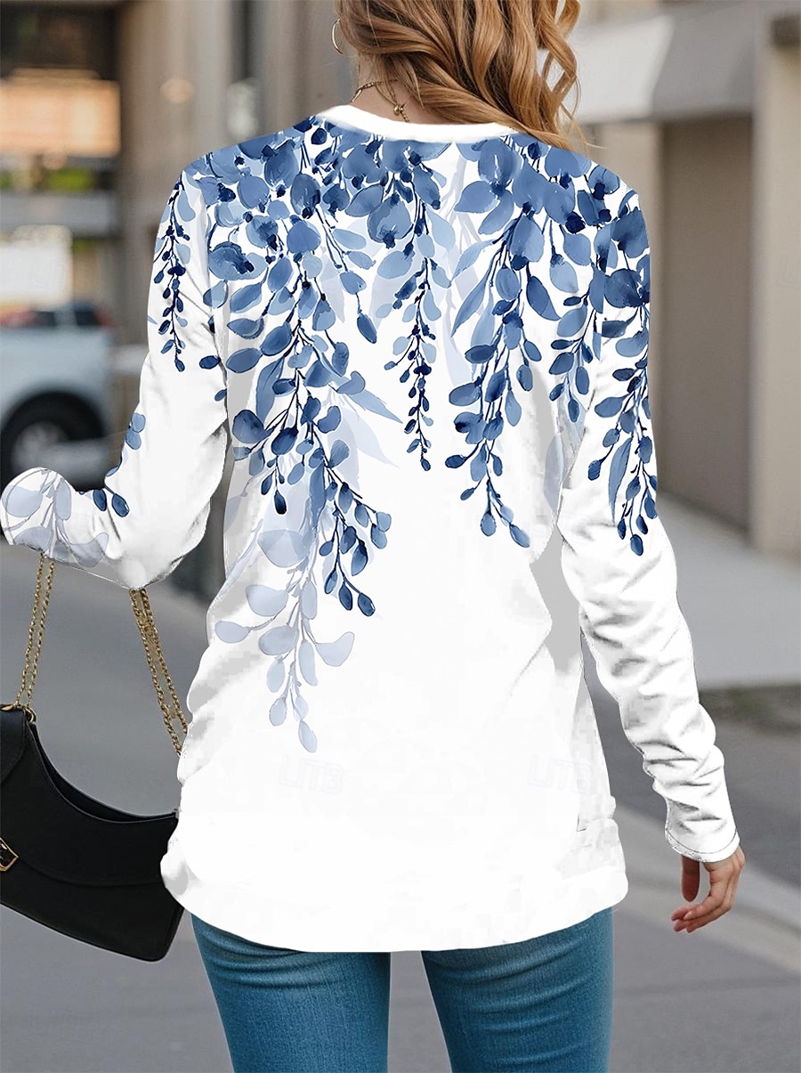 Kobiec T-shirt tunika moda casual nadruk długi rękaw regularne topy dekolt zaokrąglony codzienny czarny biały niebieski fioletowy zielony wiosna jesień 2025 - $22.99 –P2