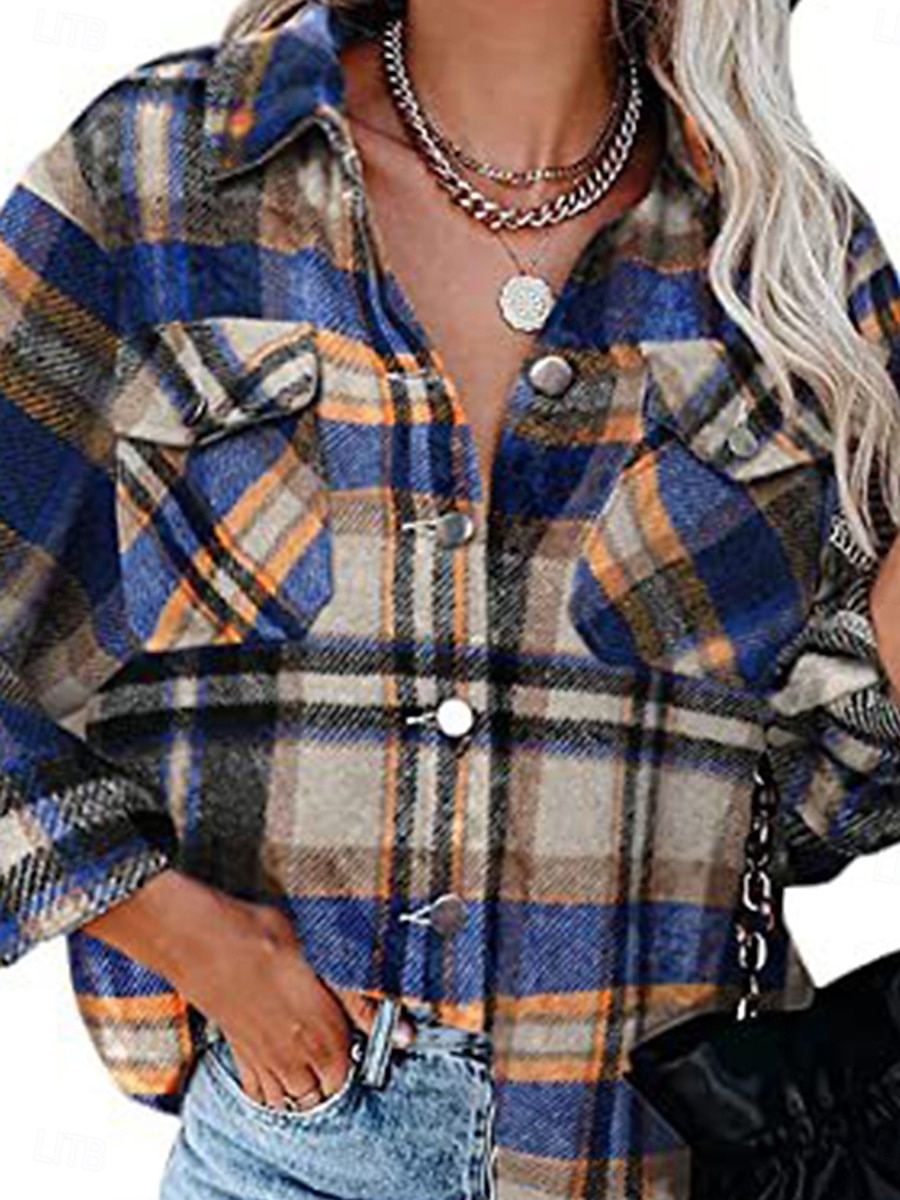 Damen Bluse Plaid Brautkleider schlicht Langarm V Ausschnitt Täglich Rosa Blau Grau Frühling Herbst 2025 - $39.99 –P3