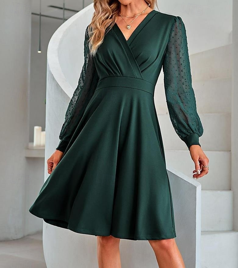 Women's Black Dress Mini Dress Ruched Mesh Wedding Guest Cocktail Party Elegant V Neck Long Sleeve Bishop Sleeve Black Brown Green Color 2025 - $39.99 –P6