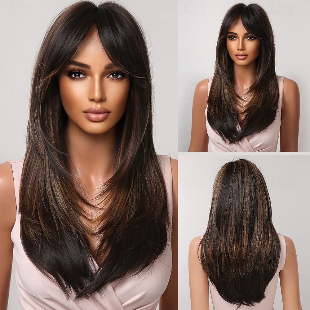 Wigs for Women Highlight Wig with Bangs Layered Long Straight Natural Hair Synthetic Wig 2025 - $19.99 –P1