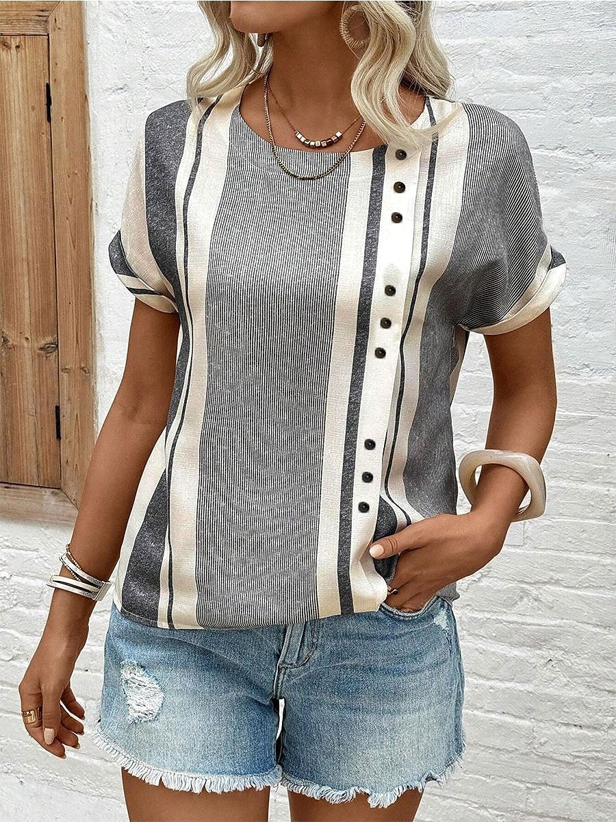 Bluza pentru Femei Chic Model Dungi cu Îmb embellishments Guler în V Mâneci Scurte Vară Primăvară Casual Zilnic Din In Fit Versatil Grau Negru Alb Spor 2025 - $22.99 –P1