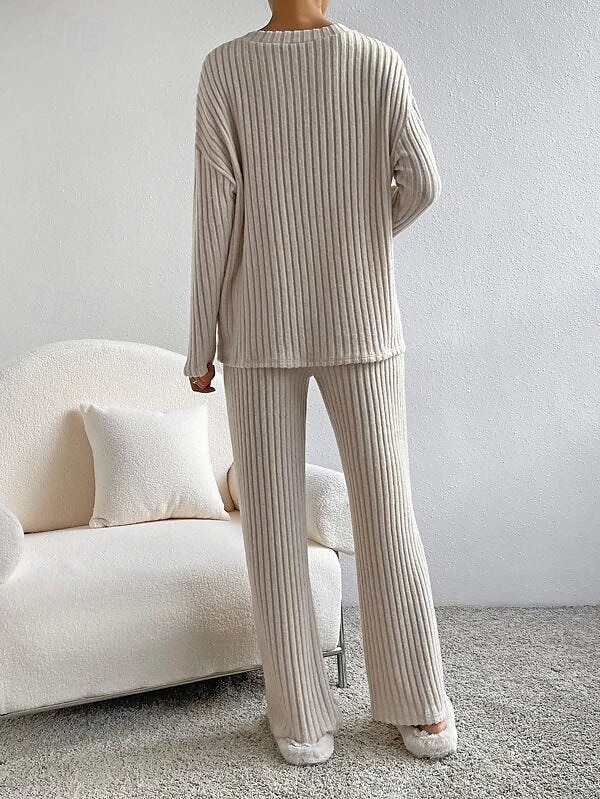 Women's Loungewear Pajama Set Simple Home V Neck Long Sleeve Pullover Pant Spring Fall Black Blue Home Outfits 2025 - $33.99 –P3