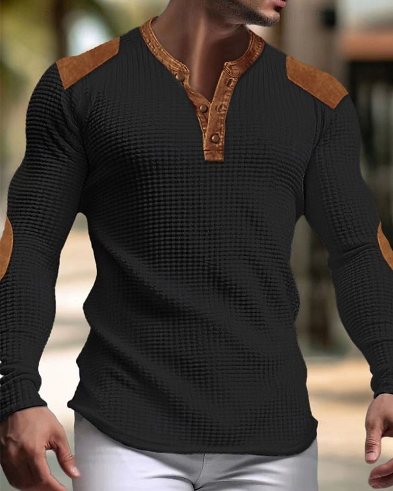 Men's Button T Shirt T Shirt Waffle Henley Shirt Henley Shirt Long Sleeve Henley Spring &  Fall Color Block Fashion Designer Basic Patchwork Vacation Street Going out Black White Navy Blue Top Tee 2025 - $19.99 –P1