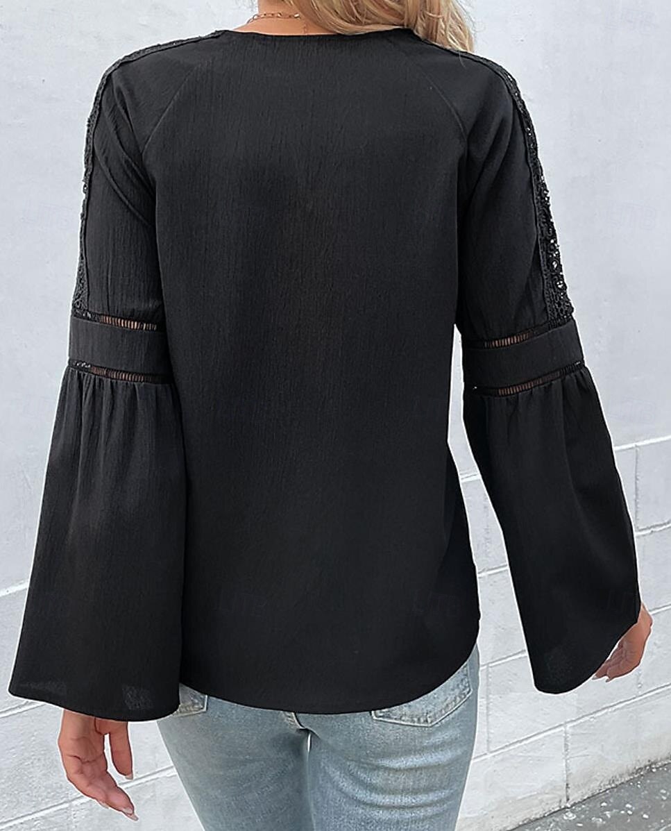női blúz stílusos modern vájt hosszú ujjú normál felsők v nyak munka napi fekete tavasz ősz 2025 - $32.99 –P2