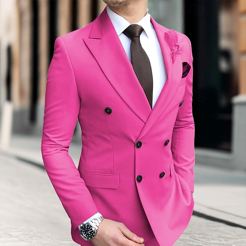 Herr Studenten Kavaj Företag Cocktailfest Bröllopsfest Mode Ledigt Vår & Höst Polyester Ensfärgat Knappar Ficka Bekväm Dubbelknäppt Blazer Ljusrosa Gul Rodnande Rosa Kungsblå 2025 - $54.99 –P3