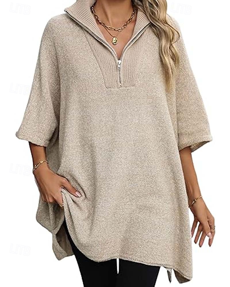 Damen Pullover Brautkleider schlicht Feste Farbe Troyer Halber Reißverschluss Zip Halbe Ärmel Lange Oberteile Stricken Täglich Schwarz Beige Herbst Winter 2025 - $61.99 –P5