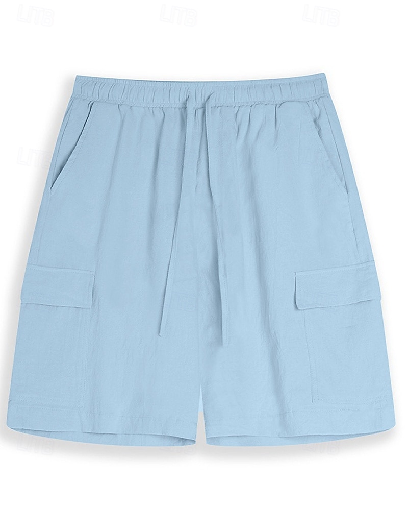 Men's Cargo Shorts Shorts Linen Shorts Summer Shorts Beach Shorts Drawstring Elastic Waist Multi Pocket Plain Knee Length Outdoor Casual Daily Vacation Casual Black White Inelastic 2025 - $22.99 –P3