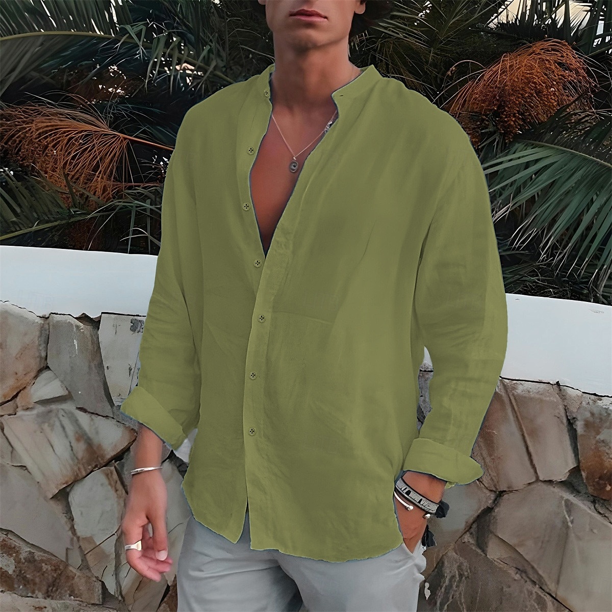 Per uomo Camicia Camicia con colletto a fascia Camicia estiva Abbigliamento mare Camicia con bottoni Liscio Esterno Da mare Nero Bianco Blu Verde Manica lunga Collo ripiegabile Primavera & Autunno del 2025 a $23.99 –P1