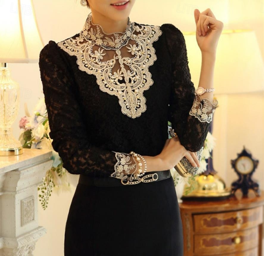 Kvinne Hvit Elegant Blonde Topper Øyelet Bluse Stilig Moderne Blonde Lange Ermer Vanlige Topper Arbeid Daglig Romantisk Petit Topper Sommerferie Antrekk Svart Hvit Vår Høst Halvformelle Bluser 2025 - $27.99 –P6